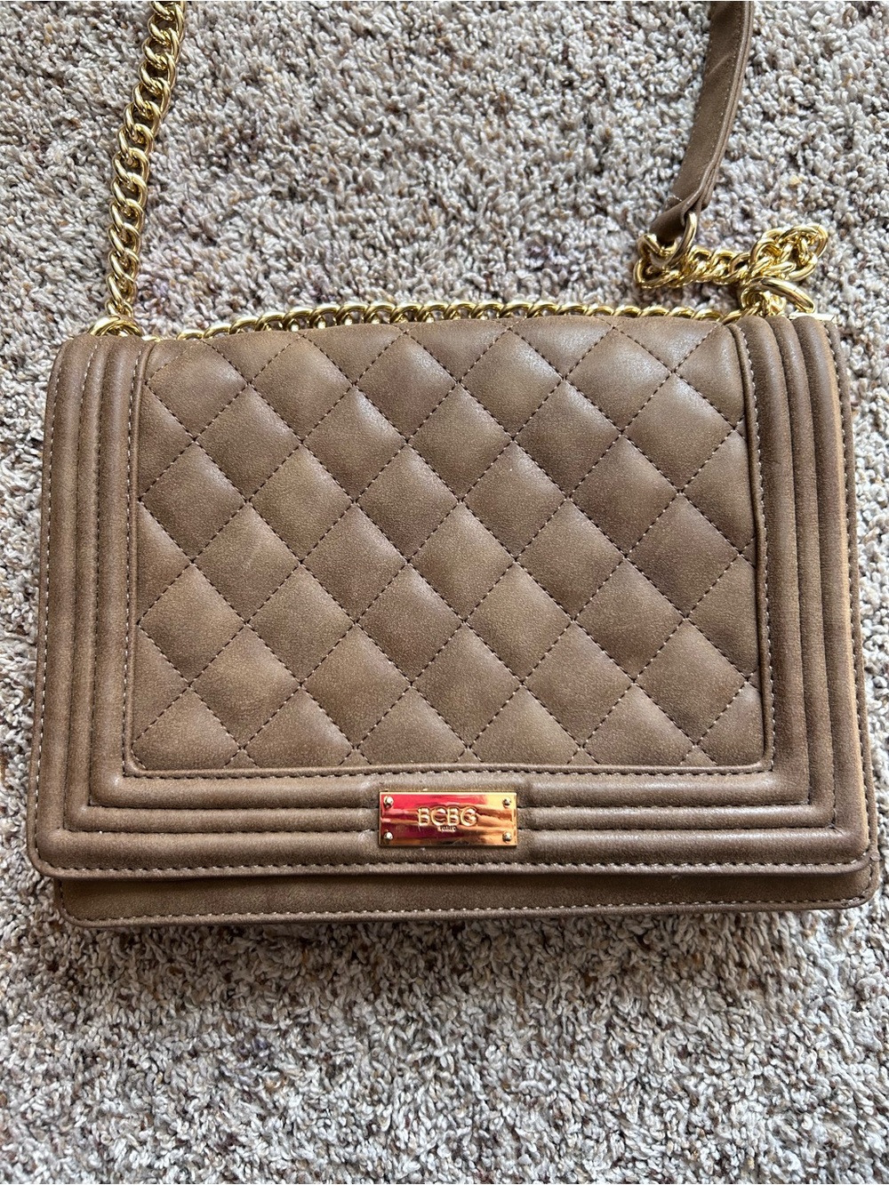 BCBG Quilted Brown Faux Suede Crossbody
Bag With Gold Tone Chain Strap